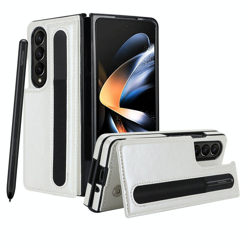 White Foldable Phone Case with Pen Slot & Double Buckle
