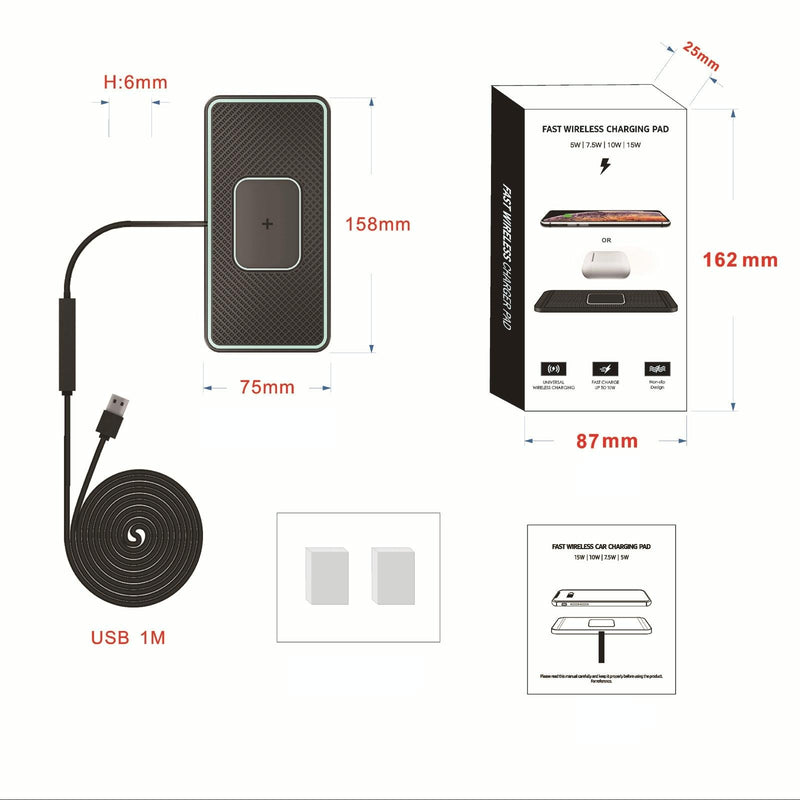 15W Car Wireless Charger with Non-Slip Pad for iPhone & AirPods