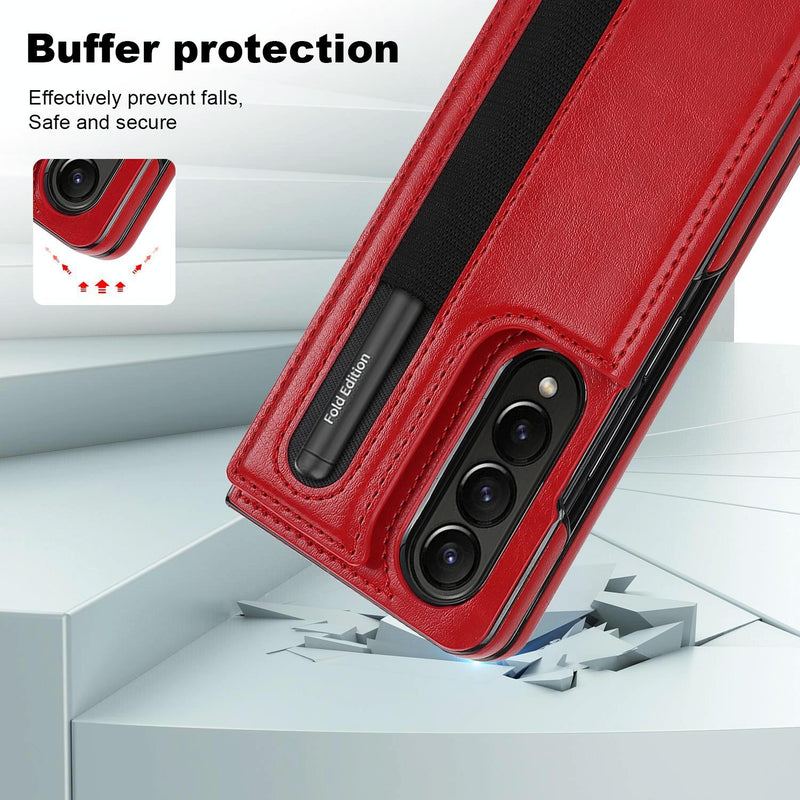 Double Buckle Foldable Phone Case with Pen Slot - White