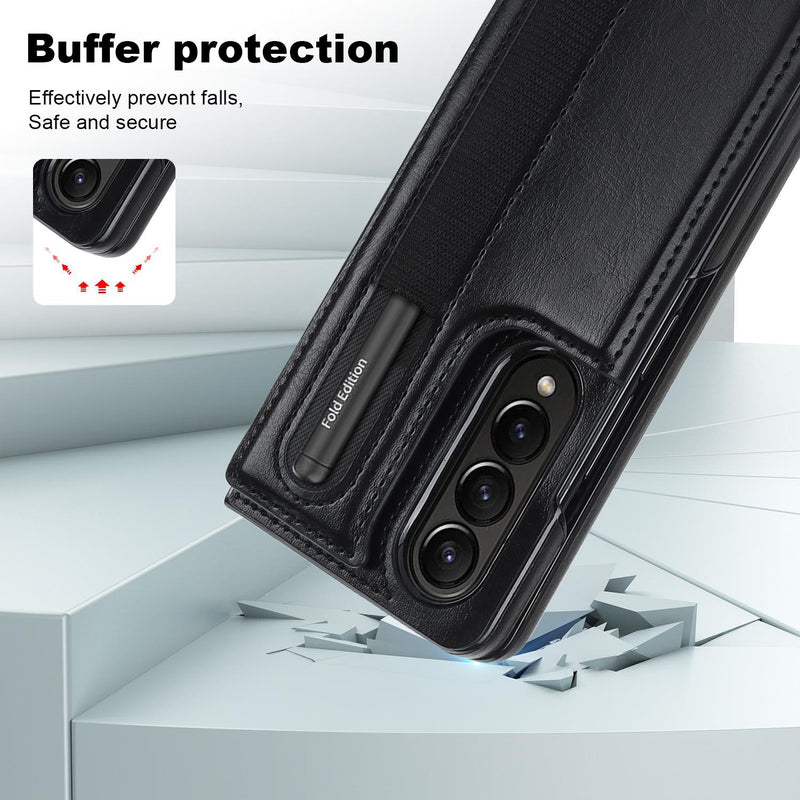 Double Buckle Foldable Phone Case with Pen Slot - White