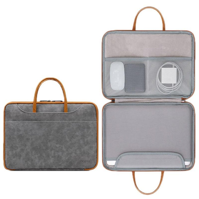Waterproof Leather Computer Bag - 15 / 15.6 / 16 Inches Fully Open & Portable - Gray Brown