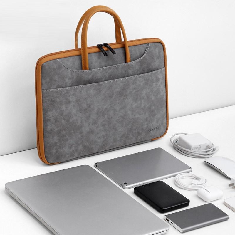 Waterproof Leather Computer Bag - 15 / 15.6 / 16 Inches Fully Open & Portable - Gray Brown