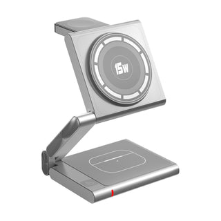 Silver Magnetic 3-in-1 Wireless Charger for Apple Devices - 15W Fast Charging Station for iPhone, AirPods, and Apple Watch