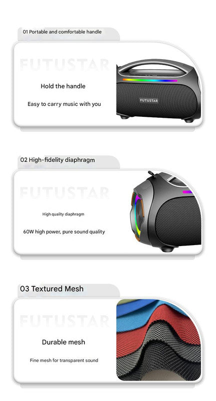 Portable Bluetooth 5.3 Speaker - 60W Powerful Sound, RGB Lights, Multiple Inputs